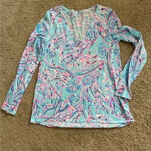 Lilly Pulitzer Aqua & Pink Etta V-Neck Long Sleeve Top